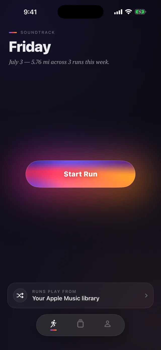 Soundtrack home screen on iPhone — start a run with your Apple Music library or a playlist