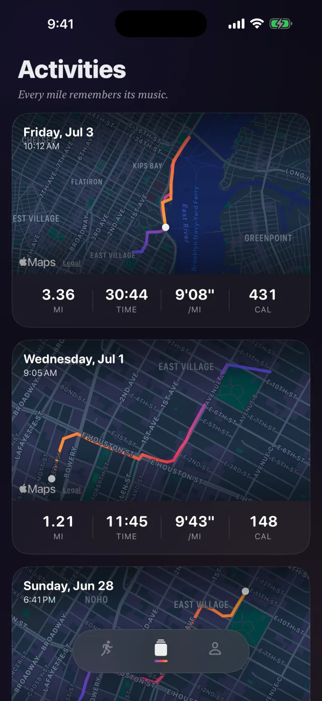 Activities list — every run with its route thumbnail, distance, and pace