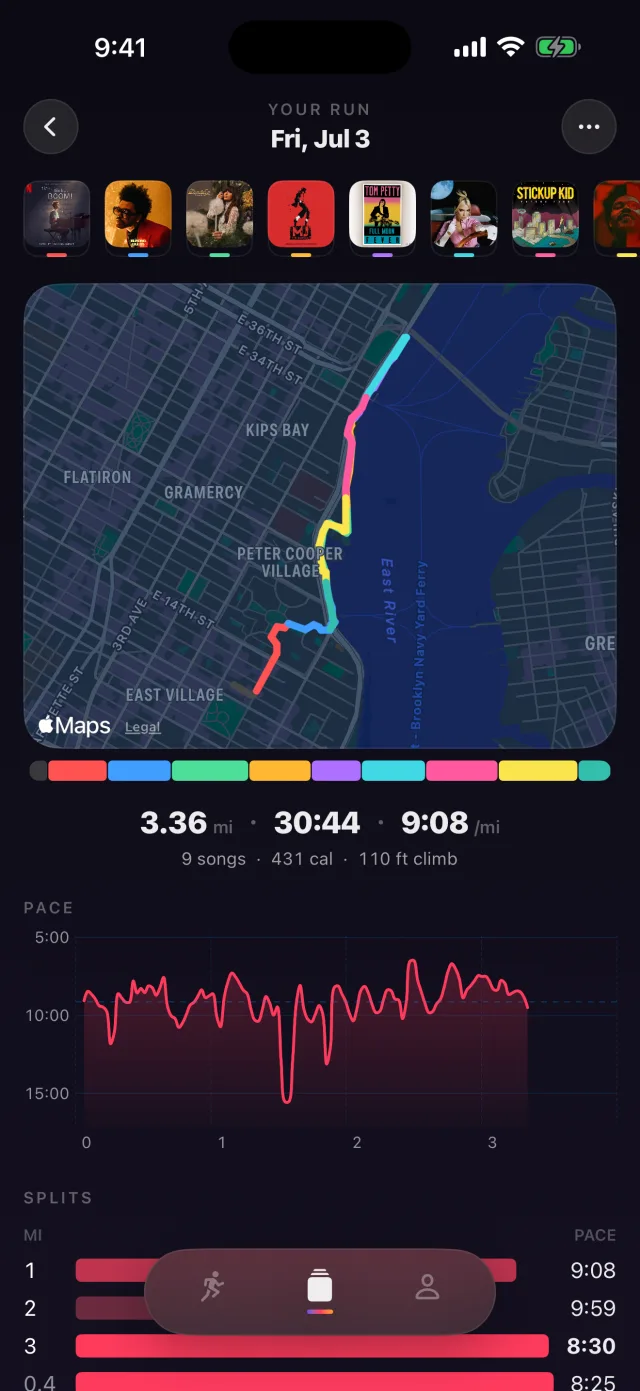 Run detail — GPS route painted in the colors of the songs that played