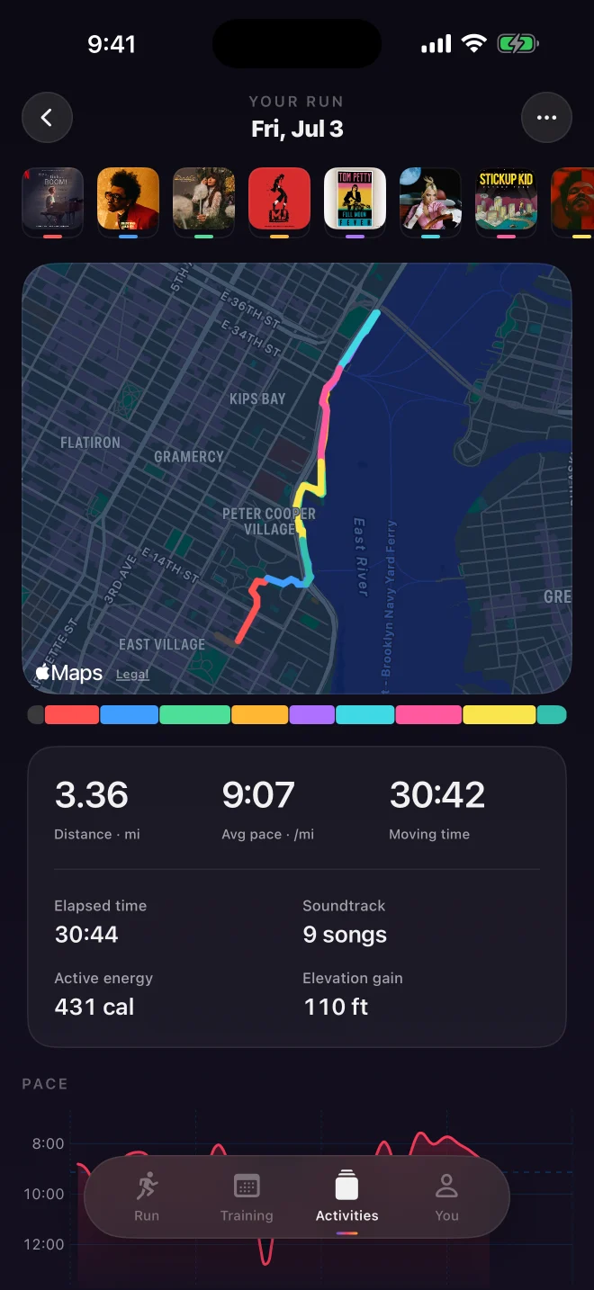 A saved run with a song-colored route, album covers and running stats
