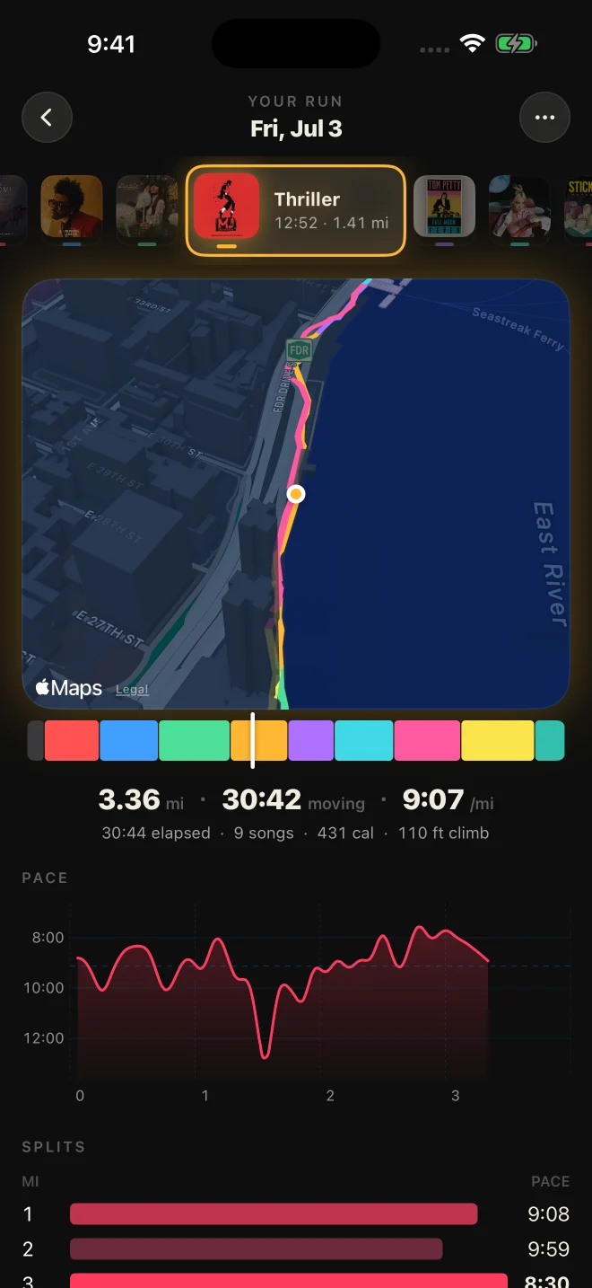 Soundtrack during a run, showing the route and live running metrics