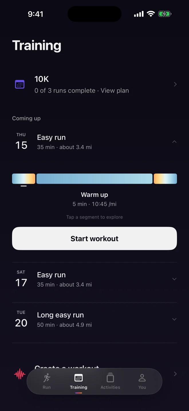 A 10K training plan with an upcoming easy run, warm-up, pace guide and Start Workout